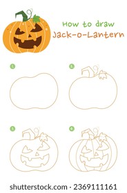 How to draw Halloween pumpkin vector illustration. Draw Jack-o-Lantern step by step. Cute and easy drawing guide.