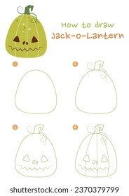 How to draw Halloween pumpkin vector illustration. Draw Jack-o-Lantern step by step. Cute and easy drawing guide.