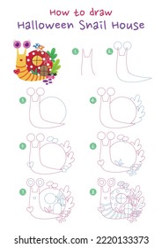 How to draw Halloween Snail House vector illustration. Draw Halloween Snail House step by step. Cute and easy drawing guide.