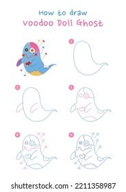 How to draw halloween voodoo doll ghost vector illustration. Draw voodoo doll ghost step by step. Cute and easy drawing guide.