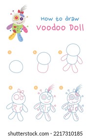 How to draw Halloween voodoo doll vector illustration. Draw voodoo doll step by step. Cute and easy drawing guide.