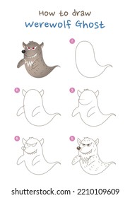 How To Draw Halloween Werewolf Ghost Vector Illustration. Draw Werewolf Step By Step. Cute And Easy Drawing Guide.