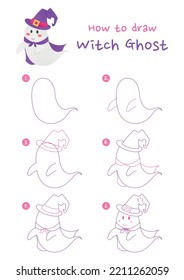 How to draw halloween witch ghost vector illustration. Draw witch ghost step by step. Cute and easy drawing guide.