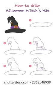 How to draw Halloween witch's hat vector illustration. Draw witch's Hat step by step. Cute and easy drawing guide.