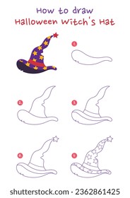 How to draw Halloween witch's hat vector illustration. Draw witch's Hat step by step. Cute and easy drawing guide.