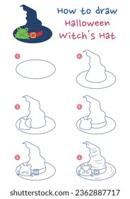How to draw Halloween witch's hat vector illustration. Draw witch's Hat step by step. Cute and easy drawing guide.