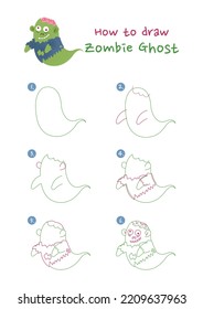 How to draw Halloween zombie ghost vector illustration  Draw zombie ghost step by step  Cute   easy drawing guide 