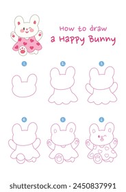 How to draw a happy bunny vector illustration. Draw running rabbit step by step. Cute and easy drawing guide.
