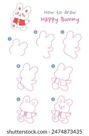 How to draw happy bunny vector illustration. Draw running rabbit step by step. Cute and easy drawing guide.