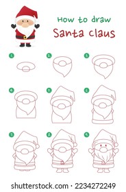 How to draw happy Santa Claus vector illustration. Draw happy Santa Claus step by step. Cute and easy drawing guide.