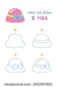 How to draw hat vector illustration. Draw girl hat step by step. Cute and easy drawing guide.