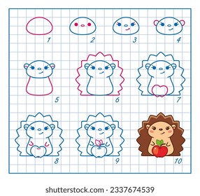 How to Draw Hedgehog, Step by Step Lesson for Kids cartoon vector illustration