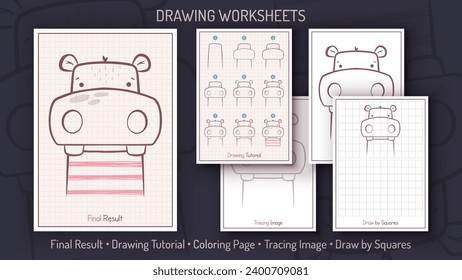 How to Draw a Hippopotamus. Step by Step Drawing Tutorial. Draw Guide. Simple Instruction. Coloring Page. Worksheets for Kids and Adults. Vector eps 10.