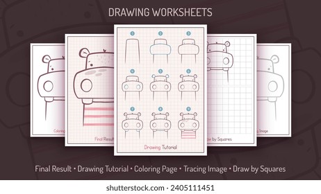 How to Draw a Hippopotamus. Step by Step Drawing Tutorial. Draw Guide. Simple Instruction. Coloring Page. Worksheets for Kids and Adults. Vector eps 10.