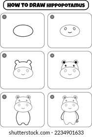 How to draw Hippopotamus step-by-step drawing page for kids. Animal Step by step drawing page