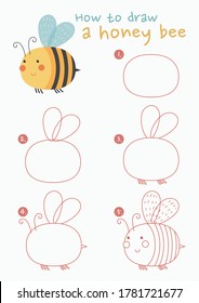 How to draw a honey bee vector illustration. Draw a honey bee step by step. Honey bee drawing guide. Cute and easy drawing guidebook.