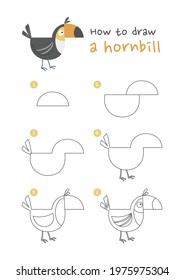 How to draw a hornbill bird vector illustration. Draw a hornbill step by step. Hornbill drawing guide. Cute and easy drawing guidebook.