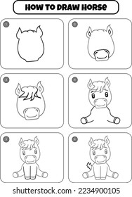 Cómo dibujar una página de dibujo paso a paso de caballo para los niños. página de dibujo Paso a paso