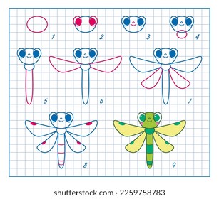 How to Draw Insect, Step by Step Lesson for Kids, Cute Dragonfly Coloring Page