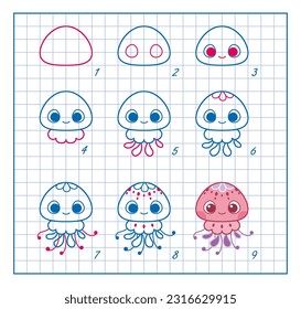 How to Draw Jellyfish, Step by Step Lesson for Kids cartoon vector illustration