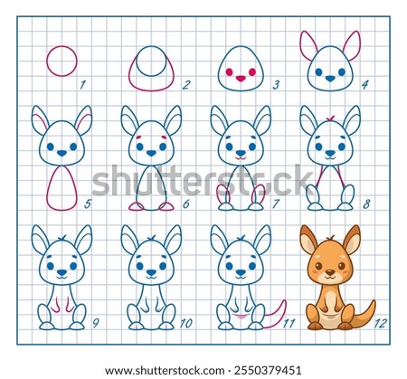 How to Draw kangaroo, Step by Step Lesson for Kids cartoon vector illustration