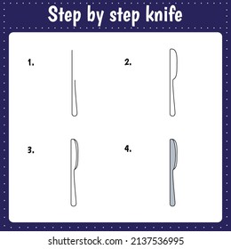 How to draw a knife. Educational page for children. Creation step by step  illustration. Printable worksheet for kids school exercise book.