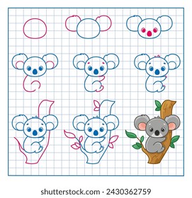 How to Draw Koala, Step by Step Lesson for Kids cartoon vector illustration