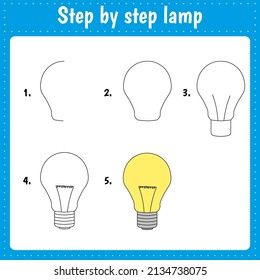 How to draw lamp. Educational page for children. Creation step by step  illustration. Printable worksheet for kids school exercise book.