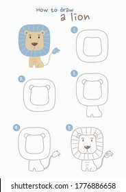 How to draw a lion vector illustration. Draw a lion step by step. Lion drawing guide. Cute and easy drawing guidebook.