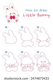 How to draw little bunny vector illustration. Draw cute rabbit step by step. Cute and easy drawing guide.