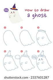 How to draw little ghost vector illustration. Draw halloween ghost step by step. Cute and easy drawing guide.