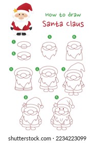 How to draw little Santa Claus vector illustration. Draw little Santa Claus step by step. Cute and easy drawing guide.