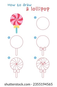 How to draw a lollipop vector illustration. Draw a lollipop step by step. Cute and easy drawing guide.