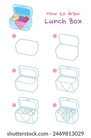 How to draw lunch box vector illustration. Draw picnic box step by step. Cute and easy drawing guide.