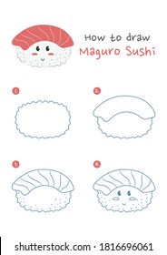 How to draw Maguro Sushi Japanese food vector illustration. Draw Tuna fish sushi step by step. Maguro tuna fish sushi drawing guide. Cute and easy drawing guidebook.