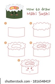 How to draw Maki Sushi Japanese food vector illustration. Draw Seaweed roll sushi step by step. Maki rice roll sushi drawing guide. Cute and easy drawing guidebook.