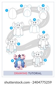 How to Draw a Monster. Step by Step Drawing Tutorial. Draw Guide. Simple Instruction for Kids and Adults. Vector eps 10.