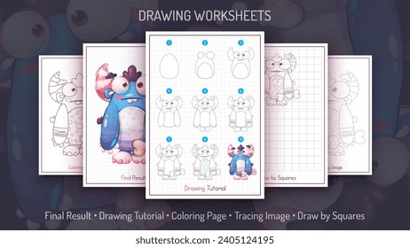 Cómo dibujar un monstruo. Tutorial de dibujo paso a paso. Dibujar guía. Instrucción simple. Colorante de página. Hojas de trabajo para niños y adultos. Vector eps 10.