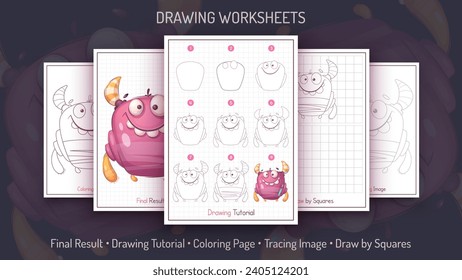 Cómo dibujar un monstruo. Tutorial de dibujo paso a paso. Dibujar guía. Instrucción simple. Colorante de página. Hojas de trabajo para niños y adultos. Vector eps 10.