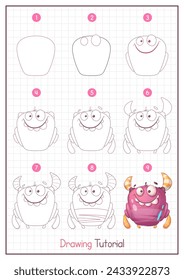 How to Draw a Monster. Step by Step Drawing Tutorial. Draw Guide. Simple Instruction for Kids and Adults. Vector eps 10.