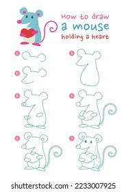 How to draw a mouse holding heart vector illustration. Draw rat in love step by step. Cute and easy drawing guide.