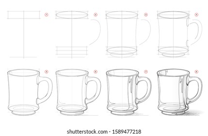 How to draw from nature sketch of realistic glass mug. Creation step by step pencil drawing. Educational page for artists. School textbook for developing artistic skills. Hand-drawn vector image.