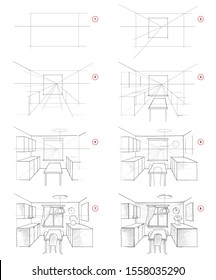 How to draw from nature step by step sketch of kitchen interior in perspective. Creation pencil drawing. Educational page for artists. Textbook for developing artistic skills. Hand-drawn vector image.
