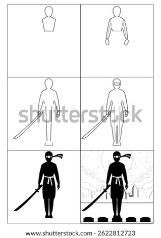 How to draw a ninja. Step-by-step illustration for children. Drawing a warrior, a human figure, a set of elements for a training course. Coloring book, cute character, comic book page.
