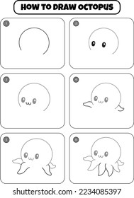 How to draw Octopus step by step for kids. draw animal step by step