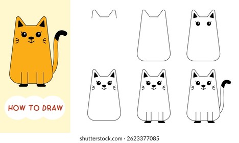 How to draw orange cat cartoon step by step for learning, drawing, kid, education and coloring book 