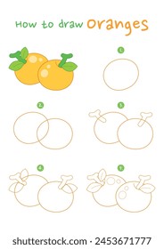 How to draw Oranges vector illustration. Draw orange fruit step by step. Cute and easy drawing guide.