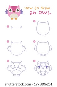 How to draw an owl vector illustration. Draw an owl step by step. Owl drawing guide. Cute and easy drawing guidebook.