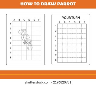 How to draw parrot for kids. Line art design for kids printable coloring page.