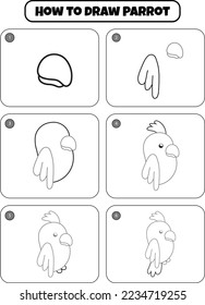 How to Draw Parrot Step by step drawing page for kids